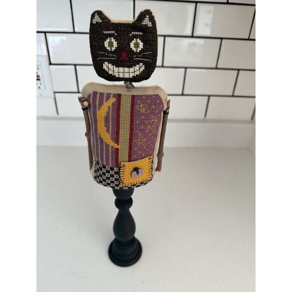 Vintage Sam The Cat Needle Point On Candlestick OOAK Halloween Decor